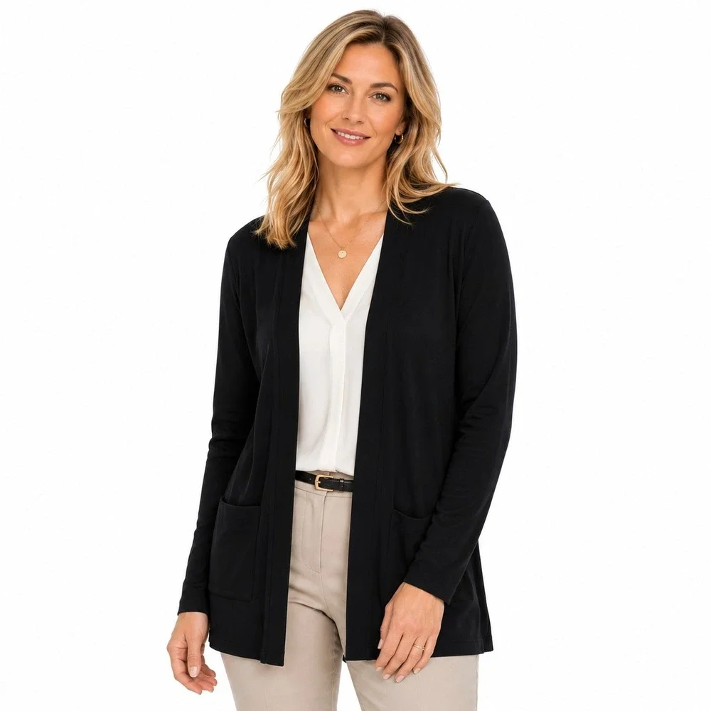 Exclusively Misook Open‎ Cardigan Womens M Slinky Knit Pockets Formal Minimalist